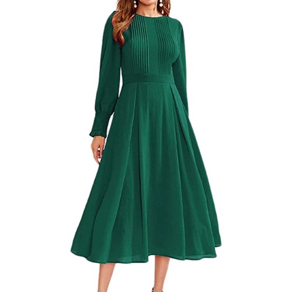 Elegant Long Sleeve Pleated Fit & Flare Dress